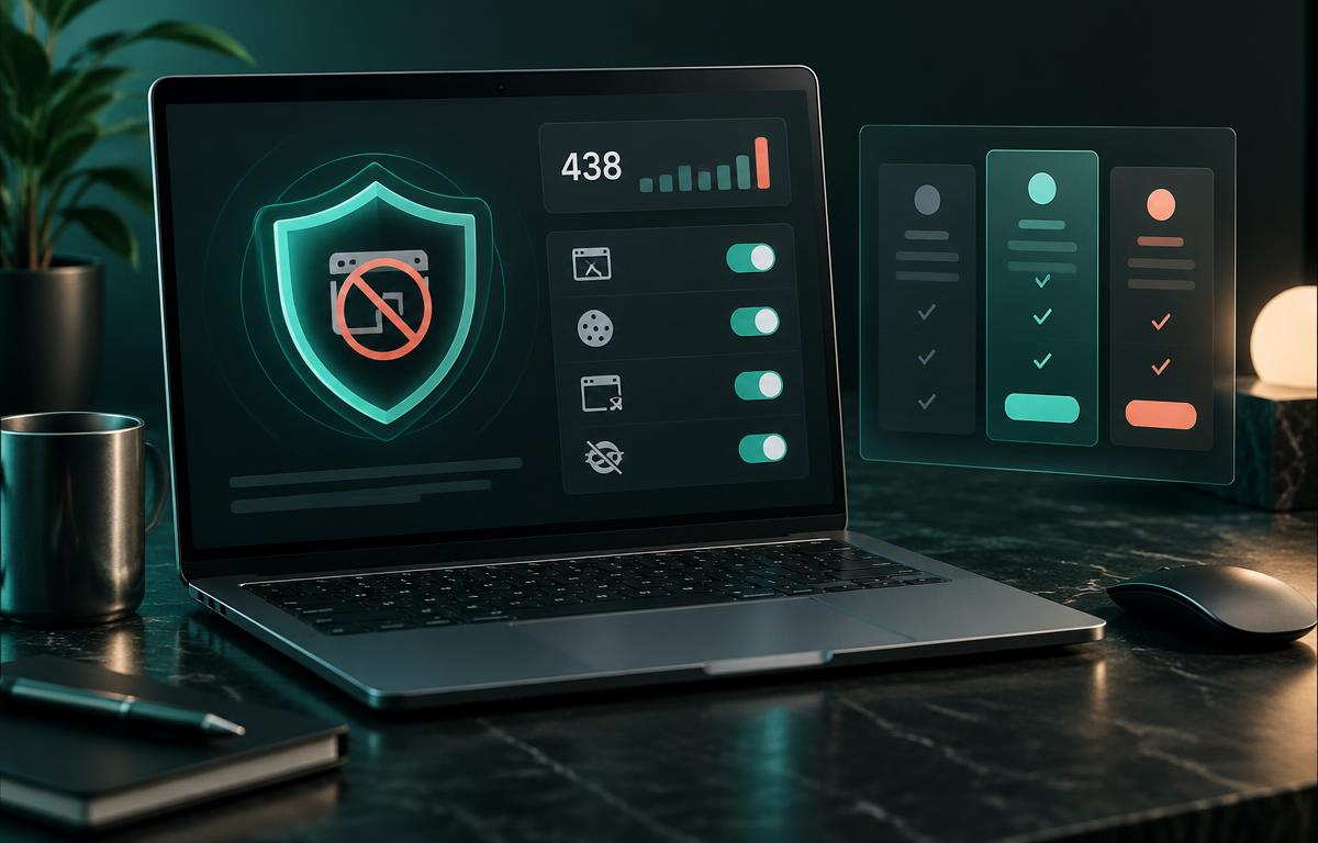 Editorial illustration of ad-blocking controls and plan choices on a laptop